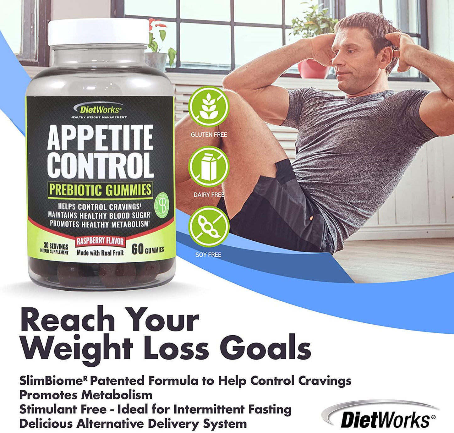 DietWorks Appetite Control Gummies, Suppressant for Weight Loss, Feel Fuller Faster, Raspberry Flavor, Black and Green, 60 Count