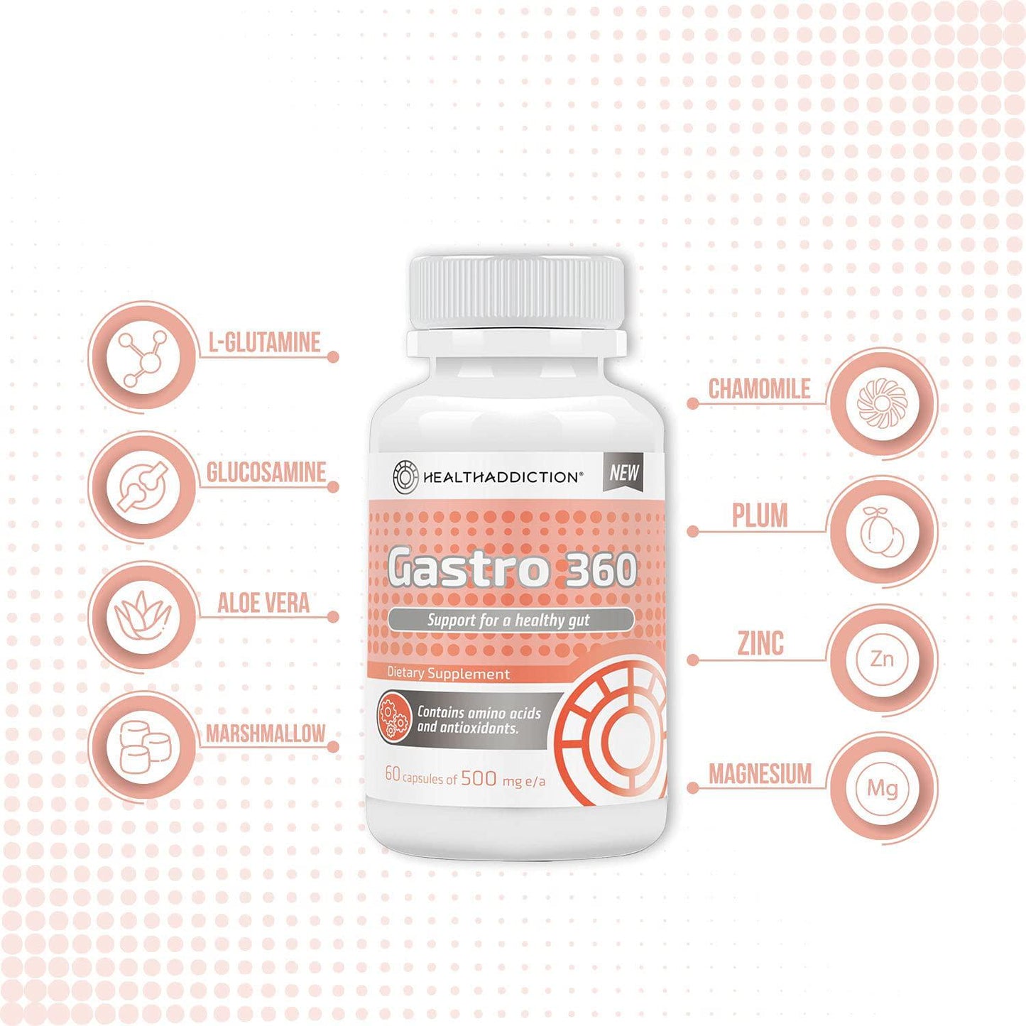 Dietary Supplement Gastro 360 Healthaddiction I Helps to Reduce Intestinal Inflammation, Gastritis, Colitis and Reflux I Acts As A Natural Antiacid I L Glutamine, Glucosamine, Chamomille I 60 Capsules