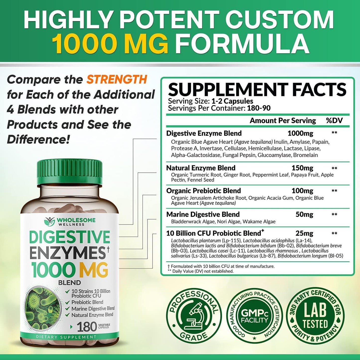 Digestive Enzymes 1000MG Plus Prebiotics and Probiotics Supplement, 180 Capsules, Organic Plant-Based Vegan Formula for Better Digestion and Lactose Absorption with Amylase and Bromelain, 1-2 Month Supply