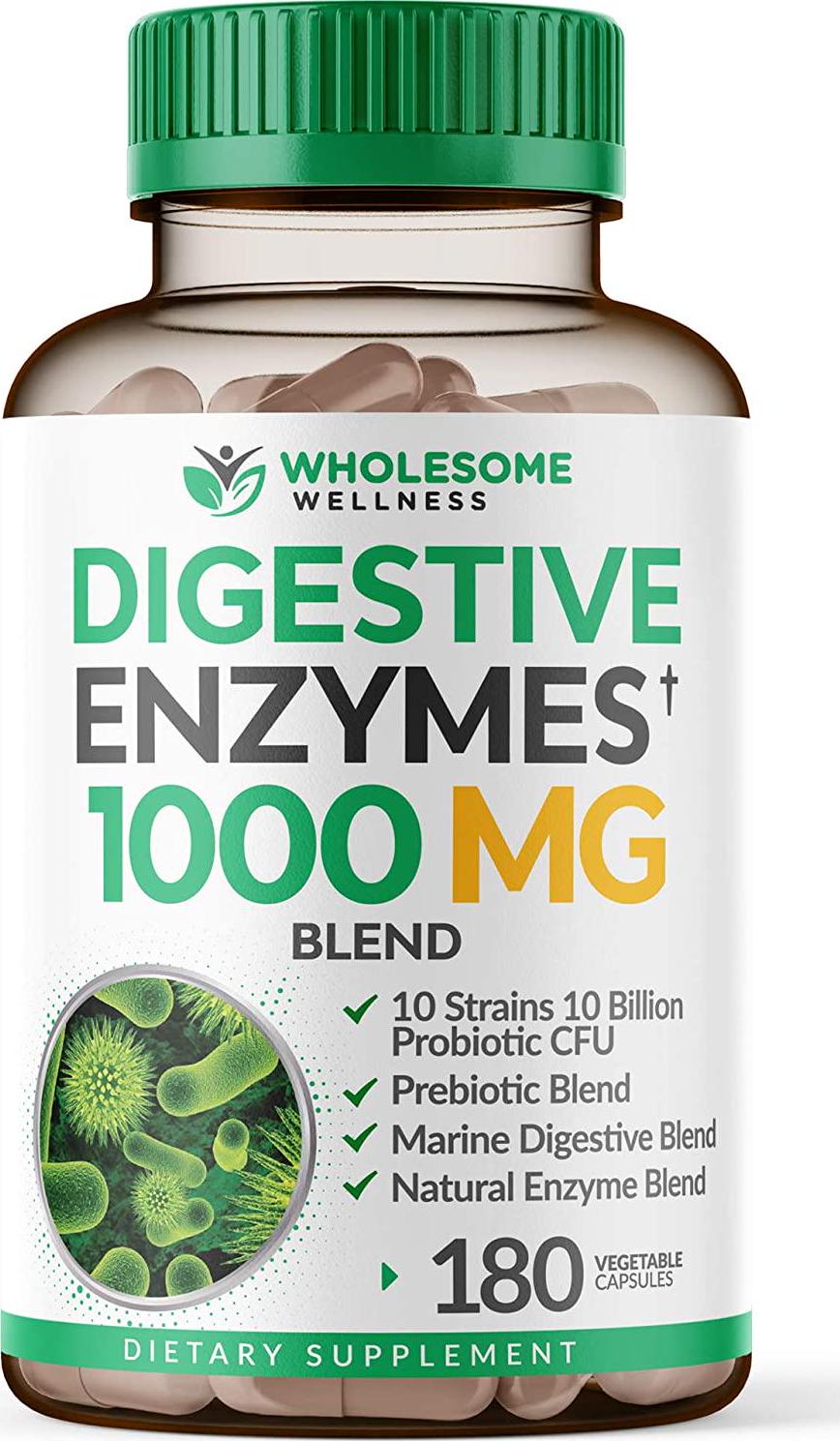Digestive Enzymes 1000MG Plus Prebiotics and Probiotics Supplement, 180 Capsules, Organic Plant-Based Vegan Formula for Better Digestion and Lactose Absorption with Amylase and Bromelain, 1-2 Month Supply
