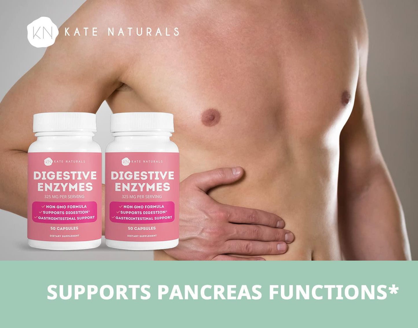 Digestive Enzymes (2 Pack) - Kate Natural. Ideal for Fighting Bloating and Acid Reflux. Digestion Support. 325mg Per Serving. (2 Pack - 100 Capsules Total).
