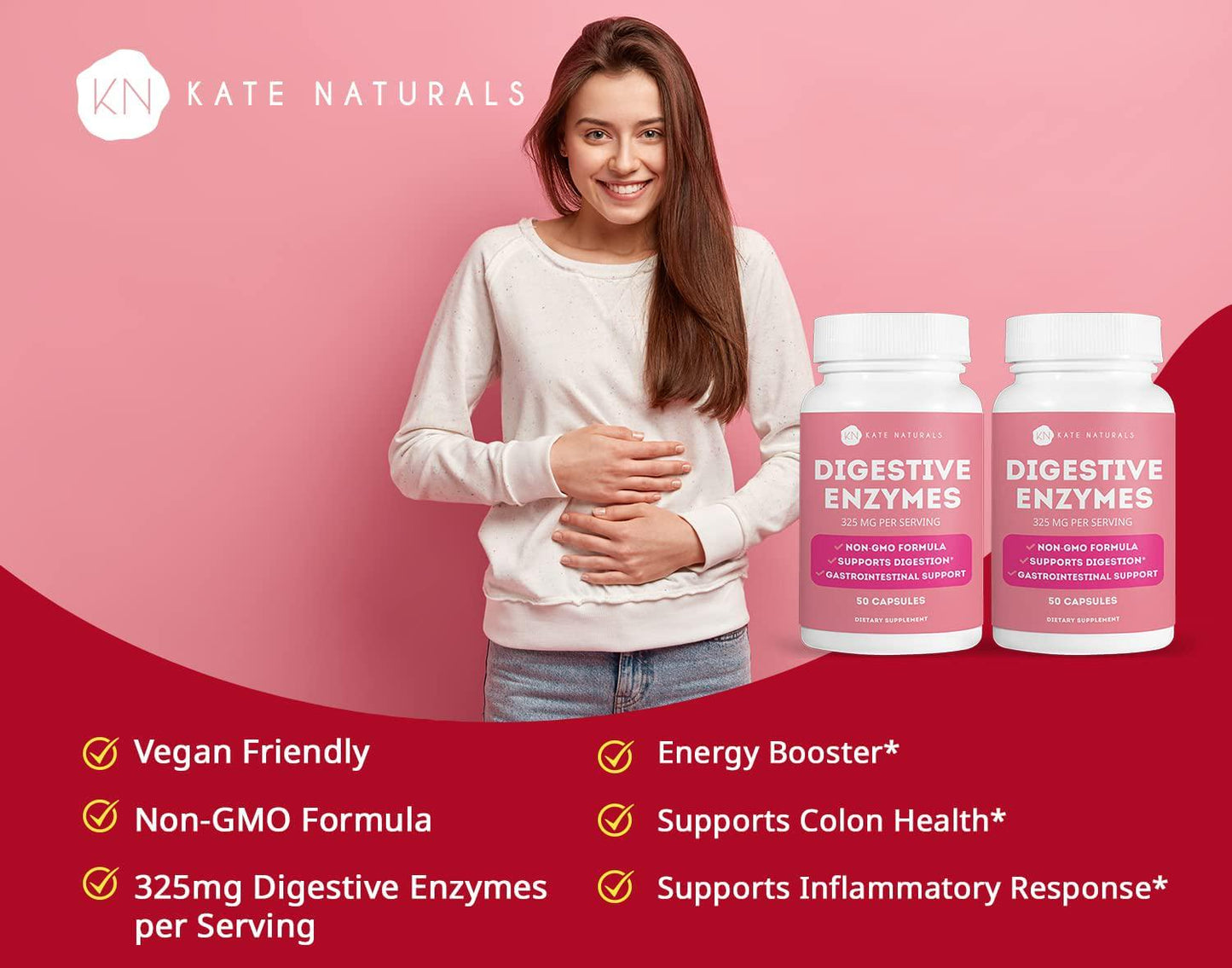 Digestive Enzymes (2 Pack) - Kate Natural. Ideal for Fighting Bloating and Acid Reflux. Digestion Support. 325mg Per Serving. (2 Pack - 100 Capsules Total).