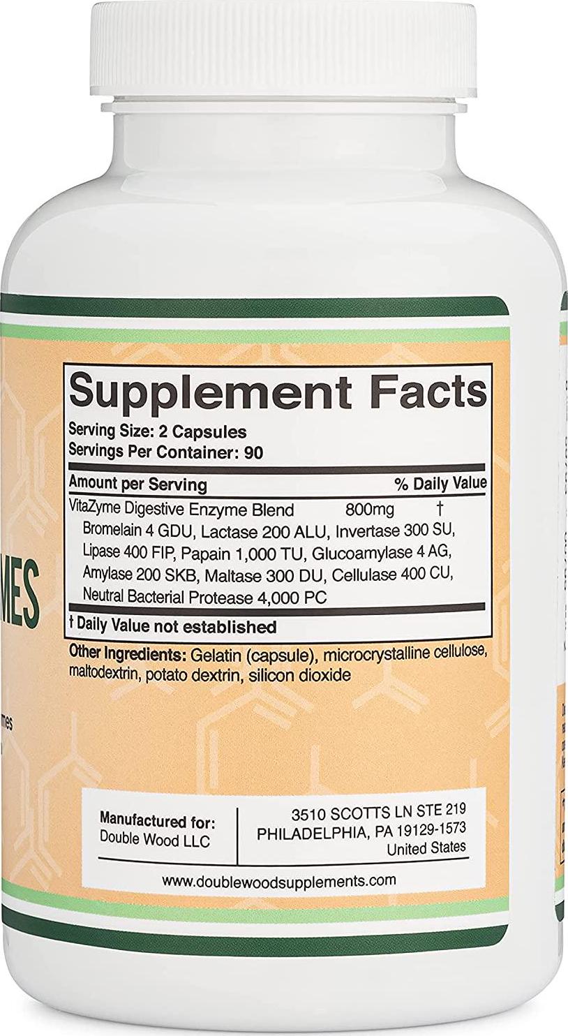 Digestive Enzymes - 800mg Blend of All 10 Most Essential Digestive and Pancreatic Enzymes (Amylase, Lipase, Bromelain, Lactase, Papain, Protease, Cellulase, Maltase, Invertase) by Double Wood
