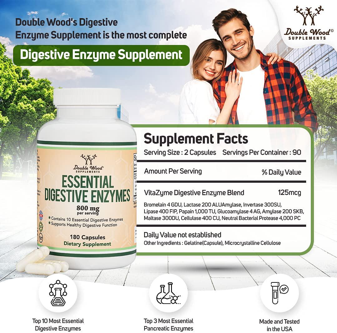 Digestive Enzymes - 800mg Blend of All 10 Most Essential Digestive and Pancreatic Enzymes (Amylase, Lipase, Bromelain, Lactase, Papain, Protease, Cellulase, Maltase, Invertase) by Double Wood