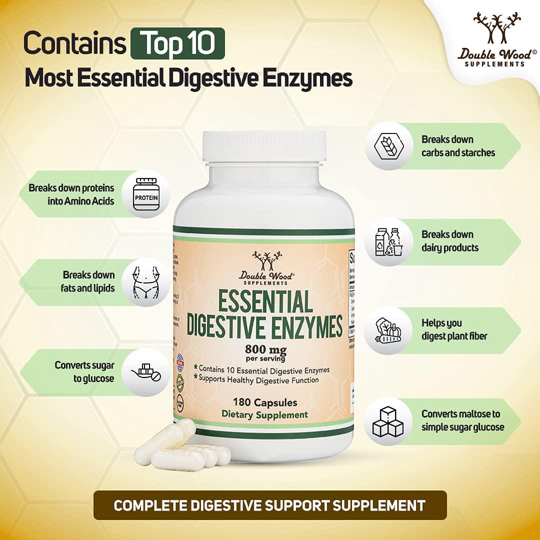 Digestive Enzymes - 800mg Blend of All 10 Most Essential Digestive and Pancreatic Enzymes (Amylase, Lipase, Bromelain, Lactase, Papain, Protease, Cellulase, Maltase, Invertase) by Double Wood