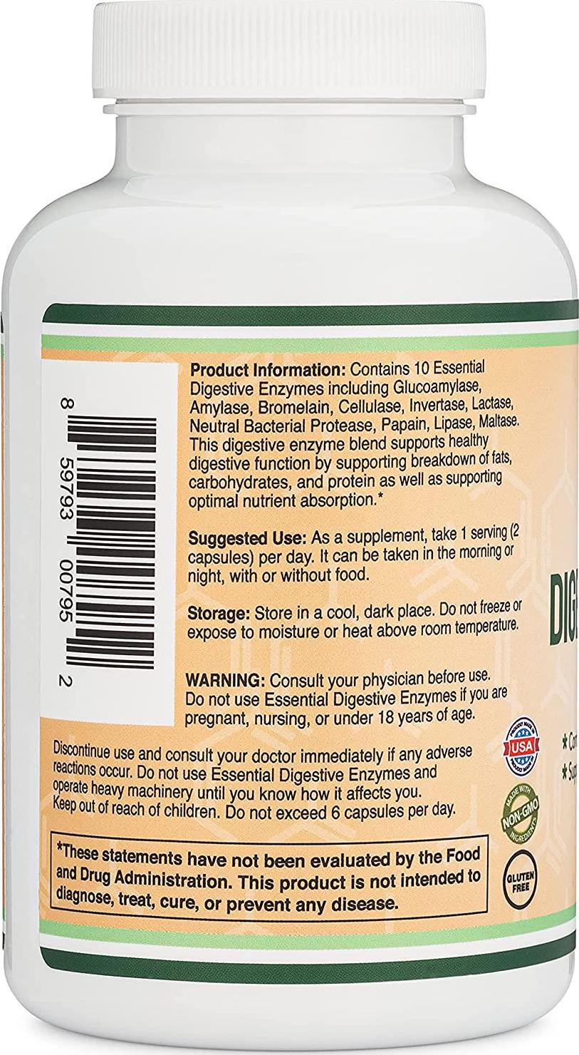 Digestive Enzymes - 800mg Blend of All 10 Most Essential Digestive and Pancreatic Enzymes (Amylase, Lipase, Bromelain, Lactase, Papain, Protease, Cellulase, Maltase, Invertase) by Double Wood