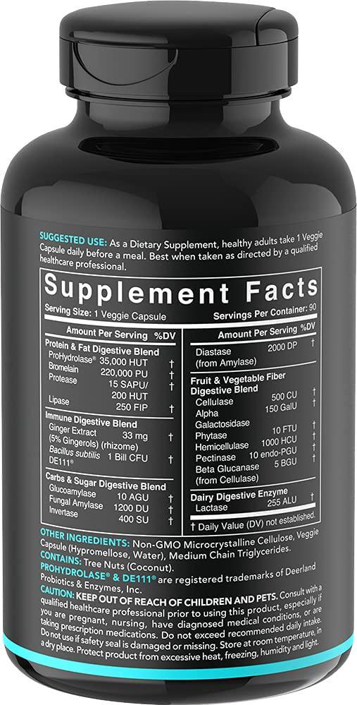 Digestive Enzymes with Probiotics and Ginger - Plant Based Supplement for Dairy, Protein, Sugar and Carbs Digestion - Non-GMO Verified and Vegan Certified (90 Veggie Capsules)