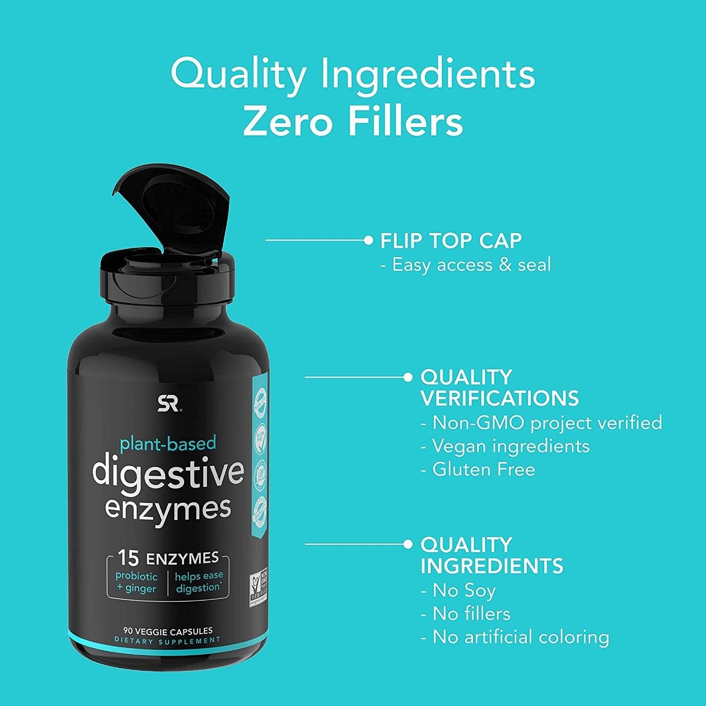 Digestive Enzymes with Probiotics and Ginger - Plant Based Supplement for Dairy, Protein, Sugar and Carbs Digestion - Non-GMO Verified and Vegan Certified (90 Veggie Capsules)