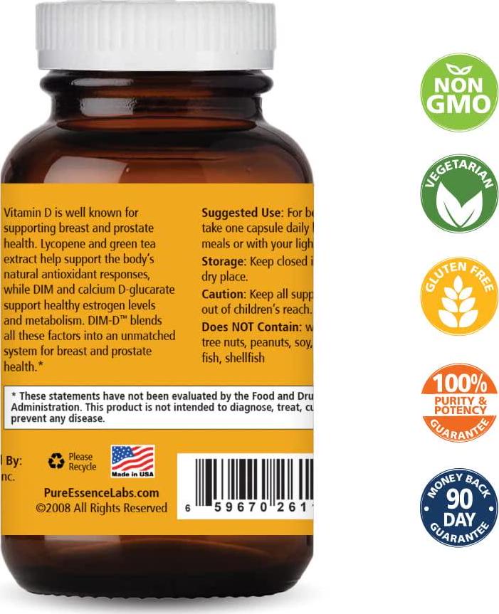 Dim D by Pure Essence - Natural Supplement for Estrogen Balance, Hormonal Acne, and Menopause Support with Vitamin D3 , Calcium, Green Tea and Lycopene - 30 Capsules