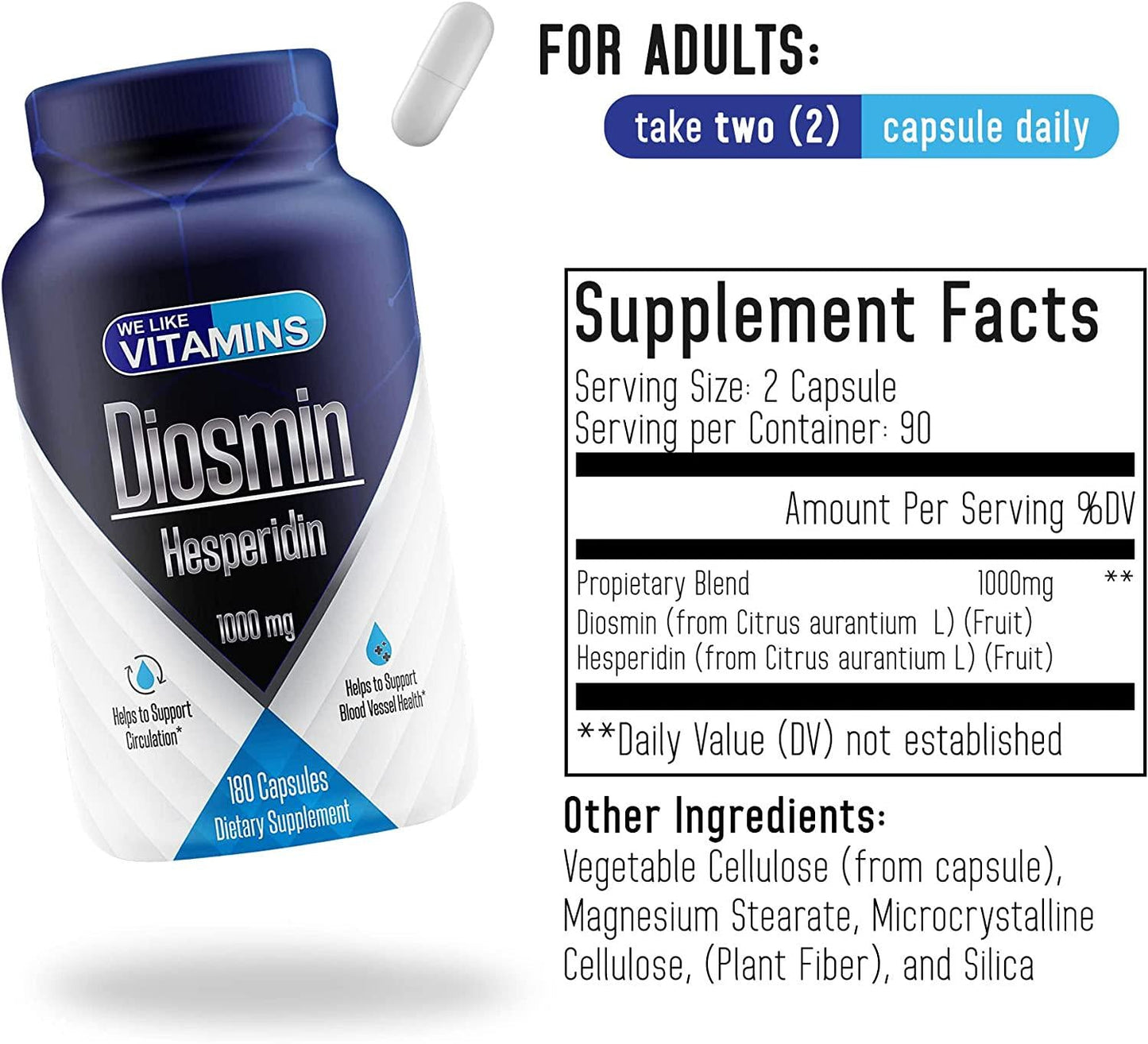Diosmin Hesperidin 1000mg Per Serving 180 Capsules 90 Day Supply - Diosmin and Hesperidin Supplement Helps to Support Healthy Circulation, Veins, Capillaries, and Lymphatic Drainage