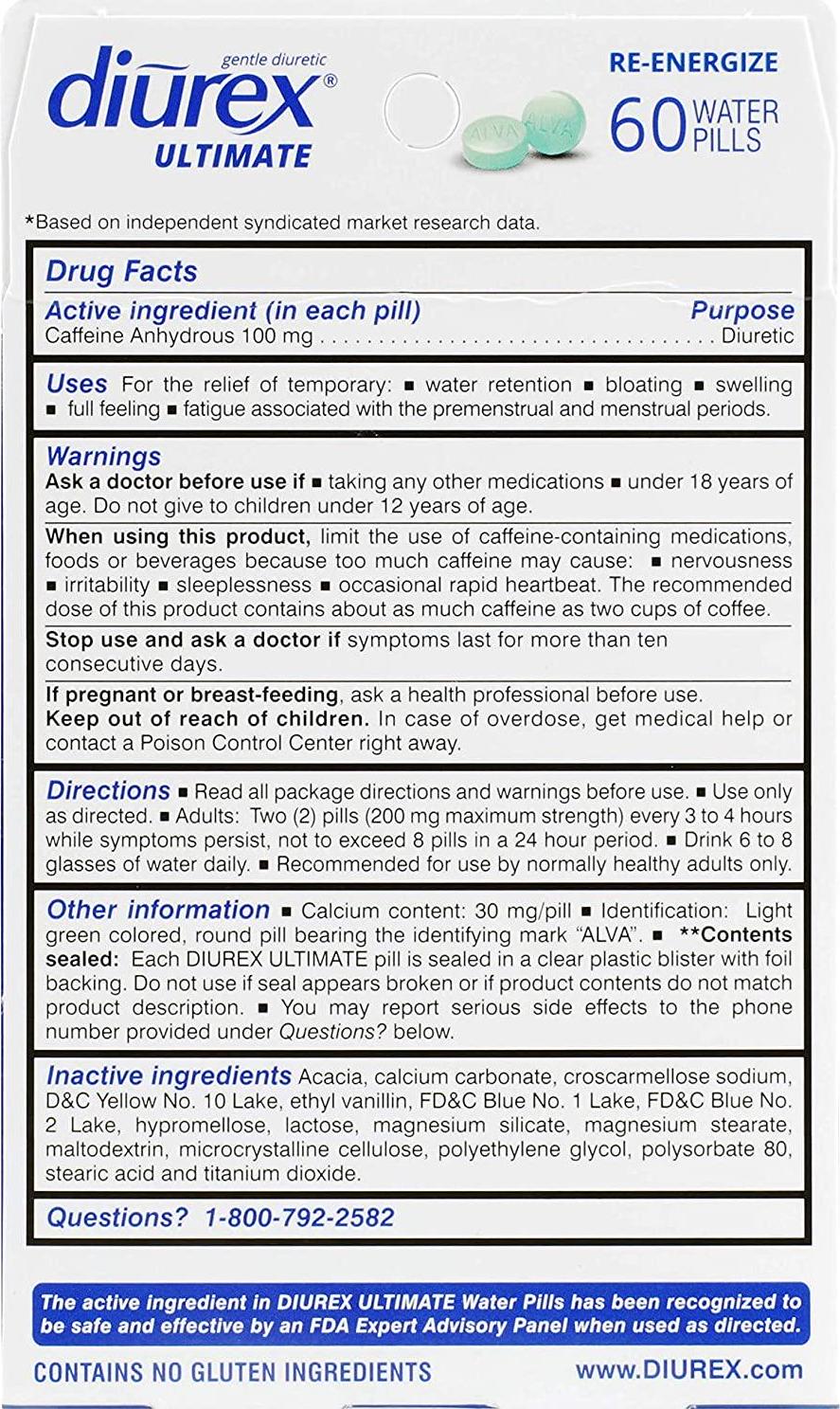 Diurex Ultimate Re-Energizing Water Pills - Maximum Strength Diuretic - Relieve Water Bloat - 60 Count