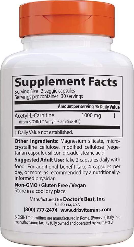 Doctor&#039;s Best Acetyl L-Carnitine, Non-GMO, Vegan, Gluten Free, Mood Support, 60 Veggie Caps
