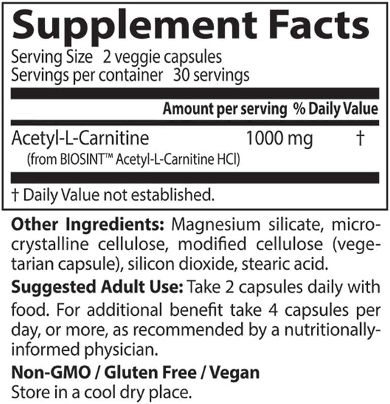 Doctor&#039;s Best Acetyl L-Carnitine, Non-GMO, Vegan, Gluten Free, Mood Support, 60 Veggie Caps
