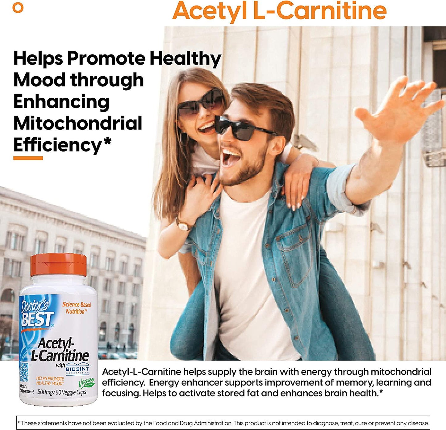 Doctor&#039;s Best Acetyl L-Carnitine, Non-GMO, Vegan, Gluten Free, Mood Support, 60 Veggie Caps