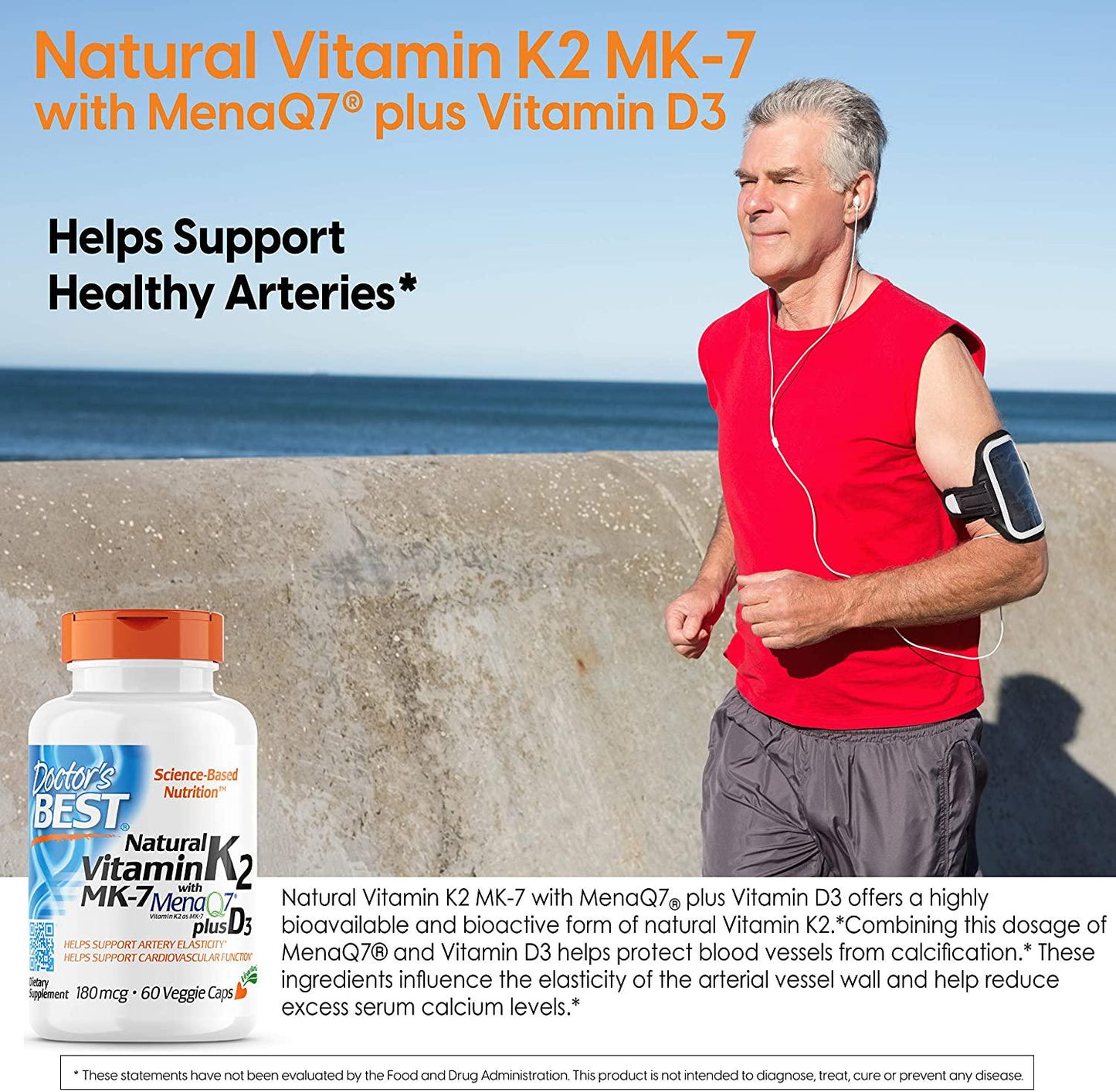 Doctor&#039;s Best Artery Prime with MenaQ7, Non-GMO, Vegetarian, Gluten Free, Soy Free, 180 mcg, 60 Veggie Caps