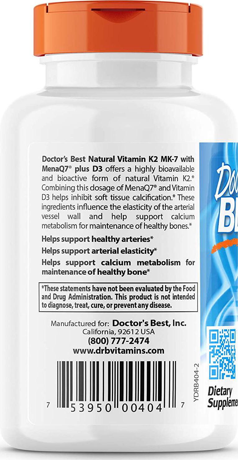 Doctor&#039;s Best Artery Prime with MenaQ7, Non-GMO, Vegetarian, Gluten Free, Soy Free, 180 mcg, 60 Veggie Caps