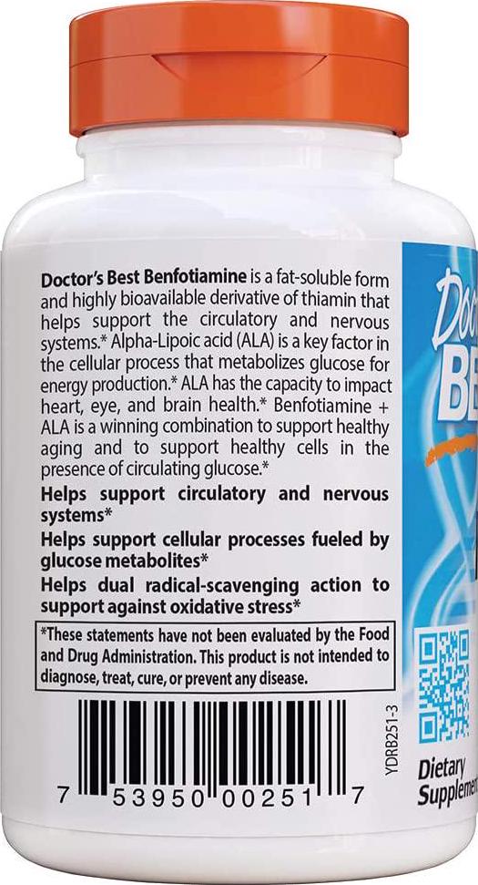 Doctor&#039;s Best Benfotiamine 150 + Alpha-Lipoic Acid 300 with BenfoPure, Non-GMO, Vegan, Gluten Free, Promotes Healthy Blood Sugar, 60 Veggie Caps