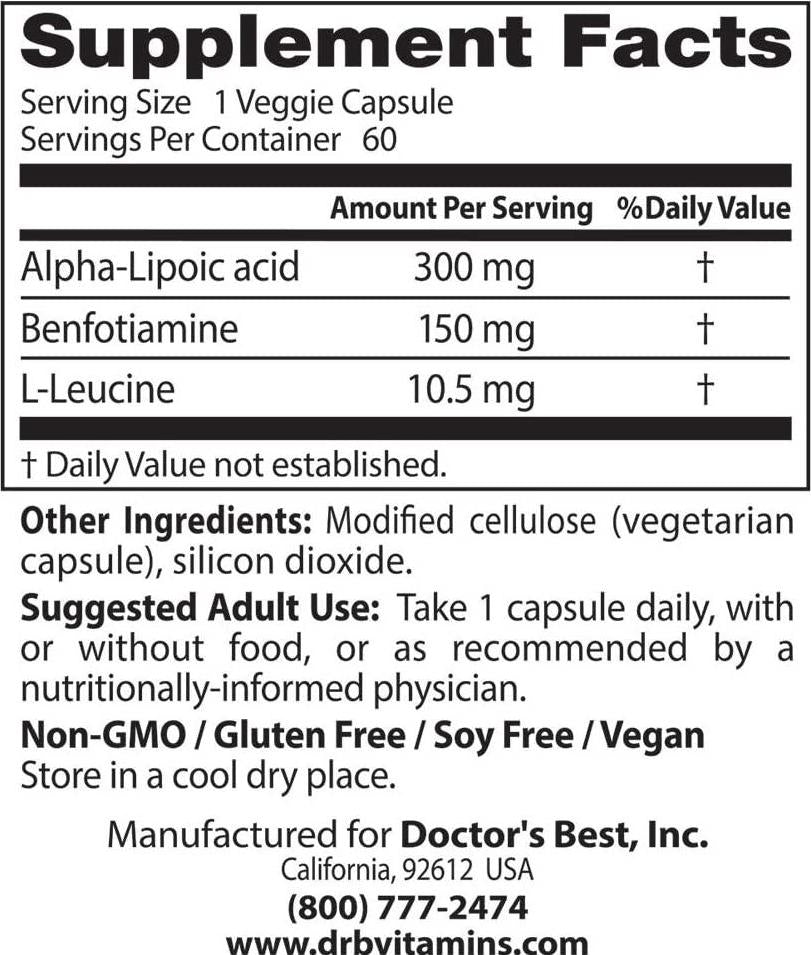 Doctor&#039;s Best Benfotiamine 150 + Alpha-Lipoic Acid 300 with BenfoPure, Non-GMO, Vegan, Gluten Free, Promotes Healthy Blood Sugar, 60 Veggie Caps