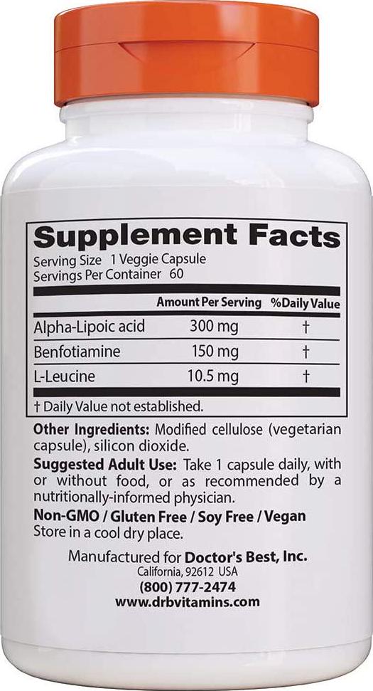 Doctor&#039;s Best Benfotiamine 150 + Alpha-Lipoic Acid 300 with BenfoPure, Non-GMO, Vegan, Gluten Free, Promotes Healthy Blood Sugar, 60 Veggie Caps