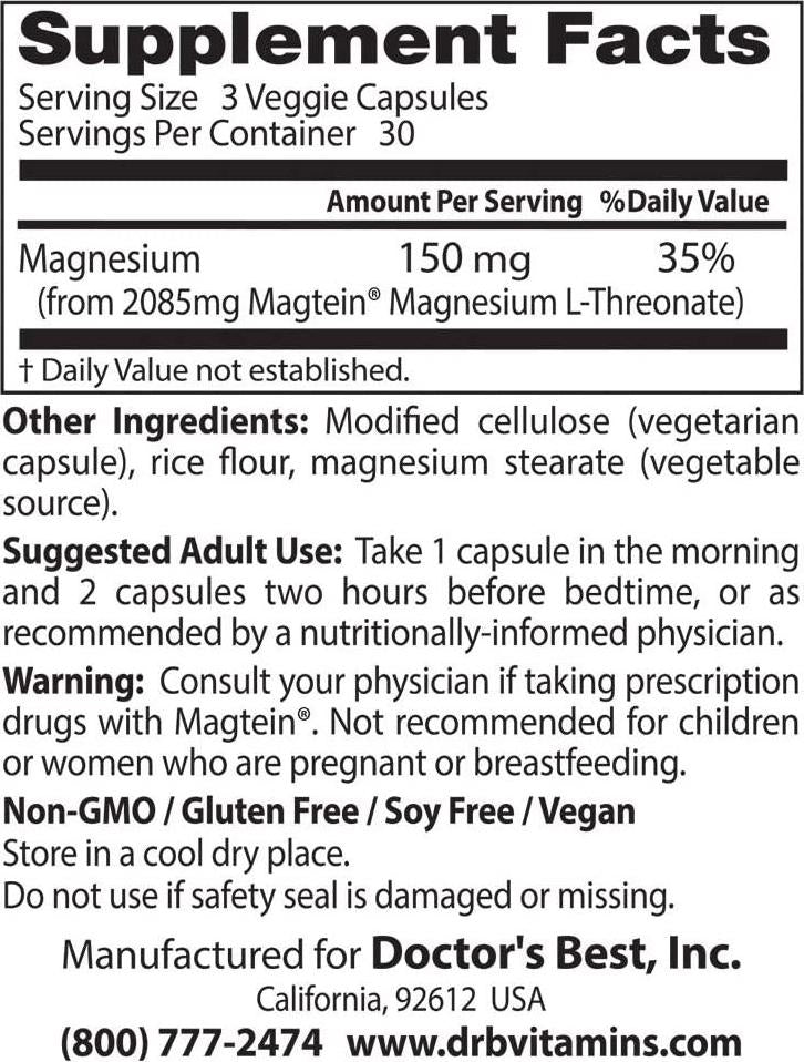 Doctor's Best Brain Magnesium, Non-GMO, Vegan, Gluten Free, 75 mg, 60 Veggie Caps