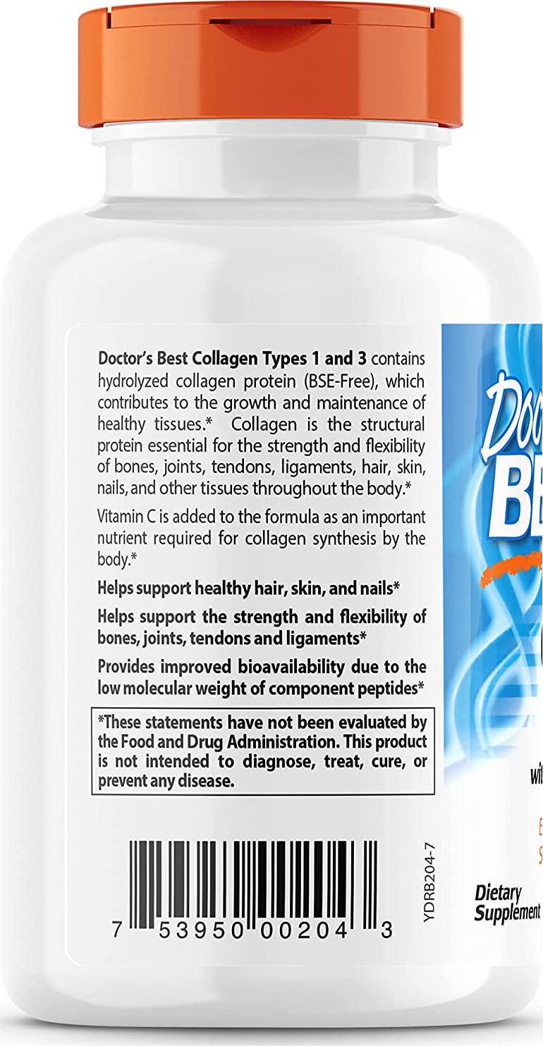 Doctor's Best Collagen Types 1 and 3 with Peptan, Non-GMO, Gluten Free, Soy Free, Supports Hair, Skin, Nails, Tendons and Bones, 1000 mg, 180 Tablets