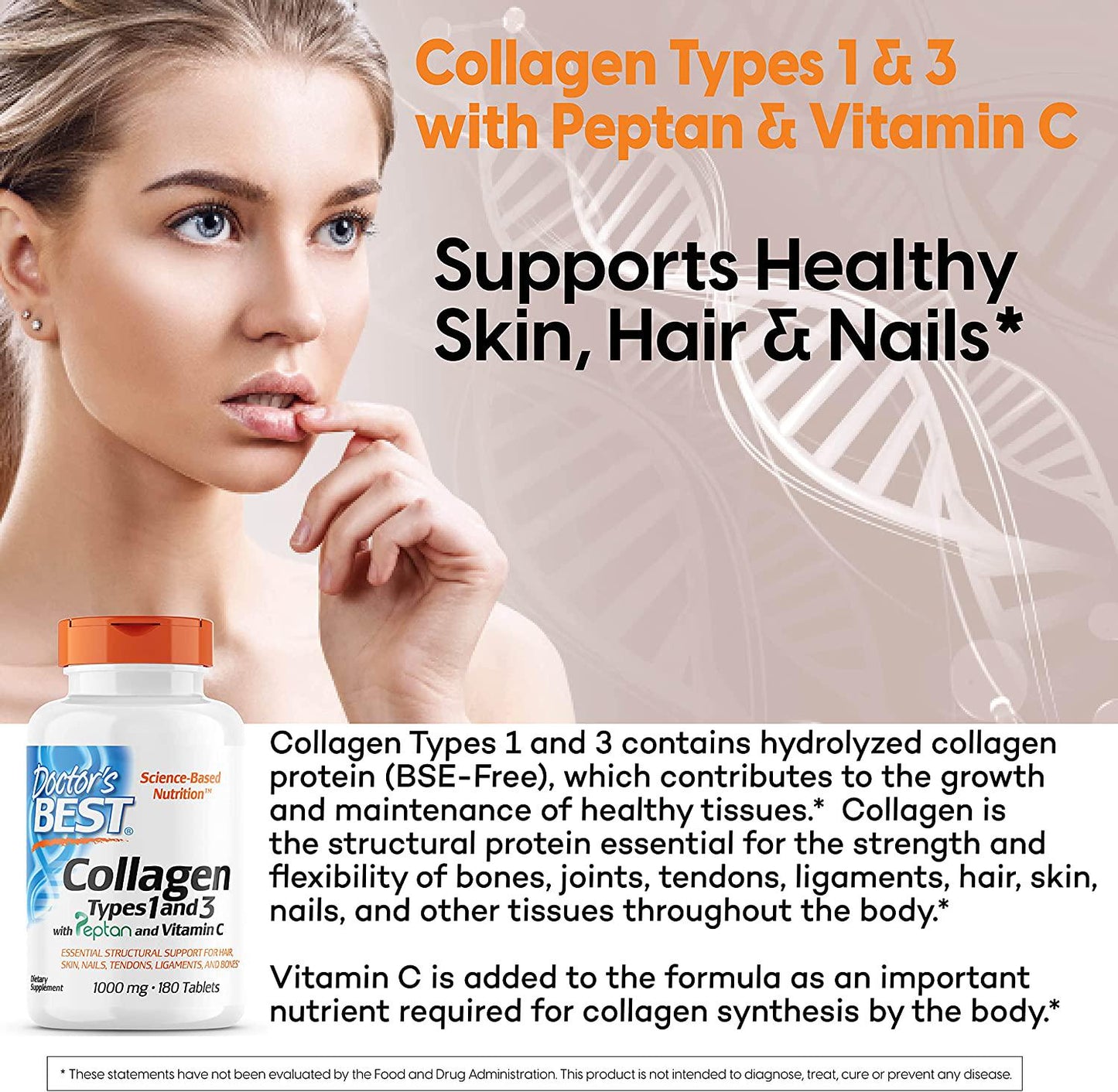Doctor's Best Collagen Types 1 and 3 with Peptan, Non-GMO, Gluten Free, Soy Free, Supports Hair, Skin, Nails, Tendons and Bones, 1000 mg, 180 Tablets