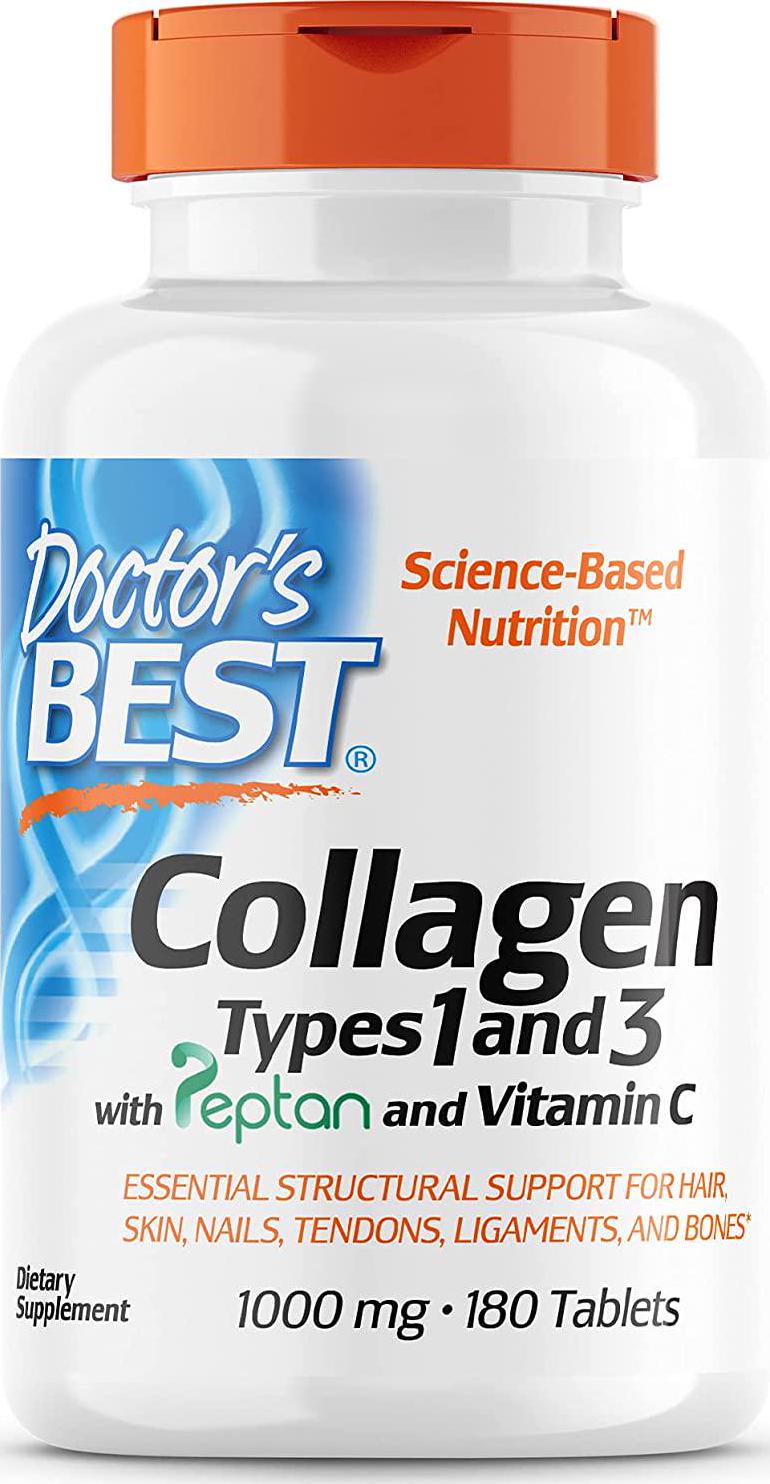 Doctor's Best Collagen Types 1 and 3 with Peptan, Non-GMO, Gluten Free, Soy Free, Supports Hair, Skin, Nails, Tendons and Bones, 1000 mg, 180 Tablets