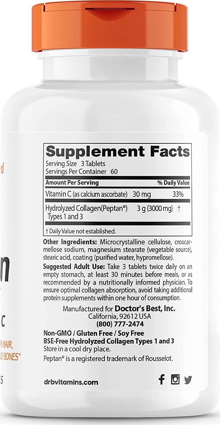 Doctor's Best Collagen Types 1 and 3 with Peptan, Non-GMO, Gluten Free, Soy Free, Supports Hair, Skin, Nails, Tendons and Bones, 1000 mg, 180 Tablets