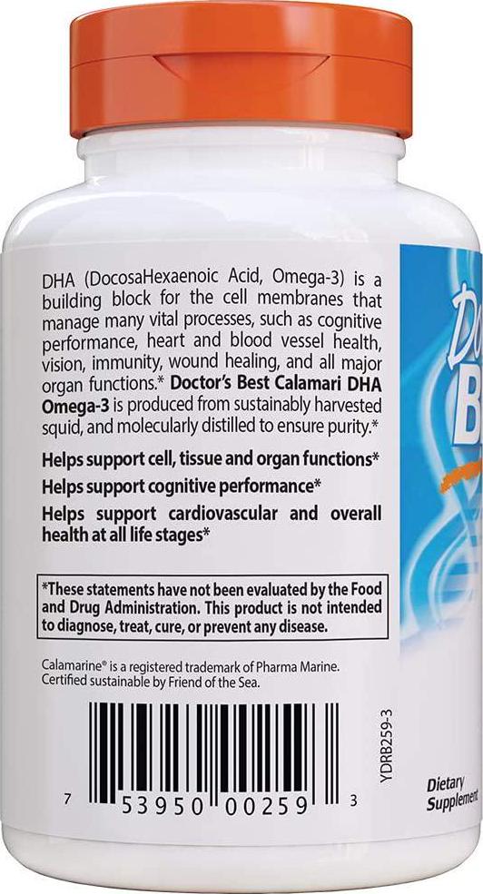 Doctor's Best DHA 500 with Calamarine, Supports Cognitive Performance, Cardiovascular, Cell, Tissue and Organs, 60 Softgels
