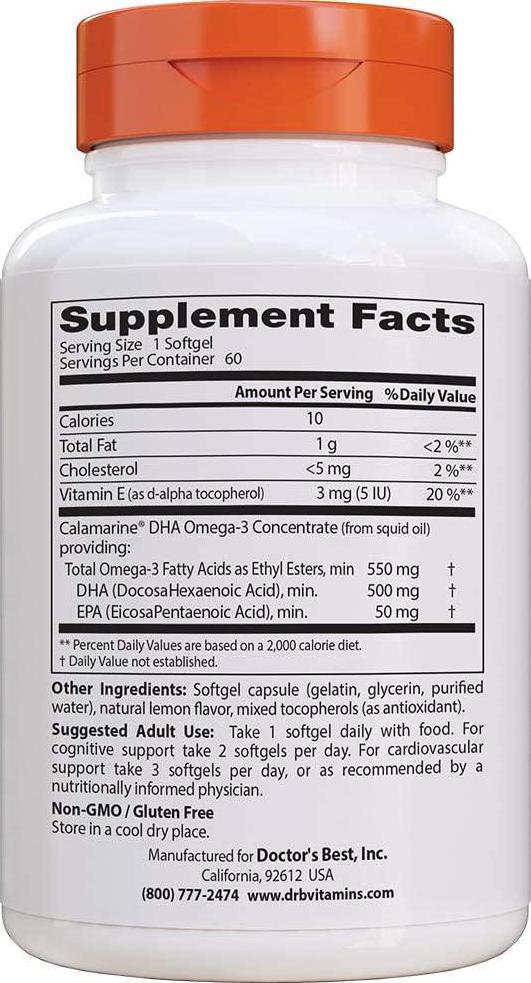 Doctor's Best DHA 500 with Calamarine, Supports Cognitive Performance, Cardiovascular, Cell, Tissue and Organs, 60 Softgels