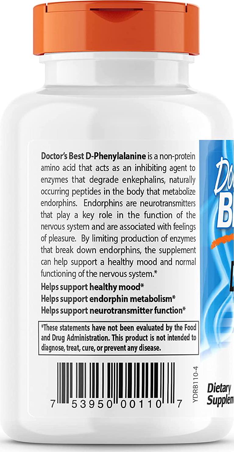 Doctor's Best D-Phenylalanine, Supports Mood, Nervous System, Non-GMO, Vegan, Gluten Free, 500 mg, 60 Veggie Caps
