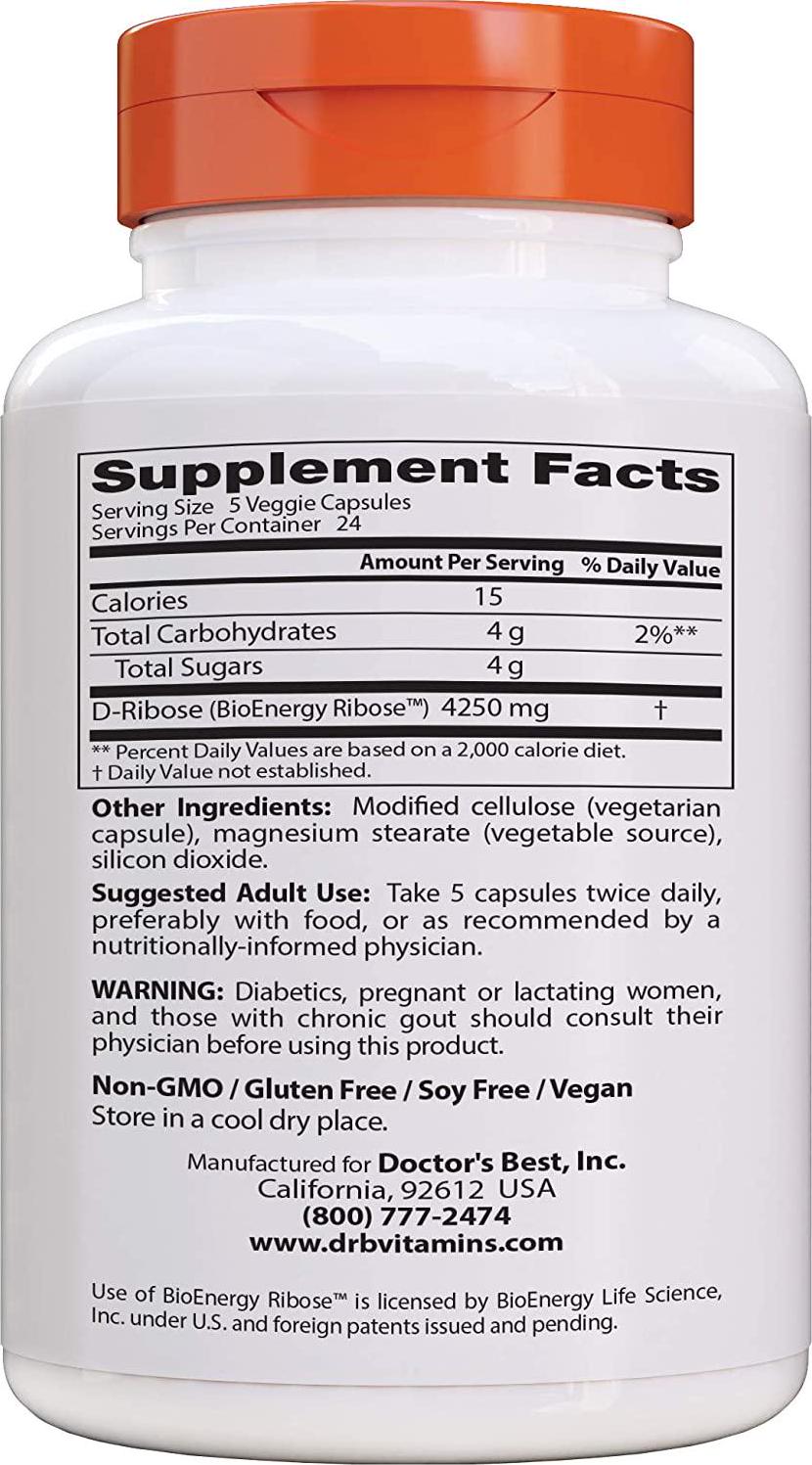 Doctor&#039;s Best D-Ribose with Bioenergy Ribose, Vegan, Energy Enhancement, 120 Veggie Caps, White (DRB-00193)