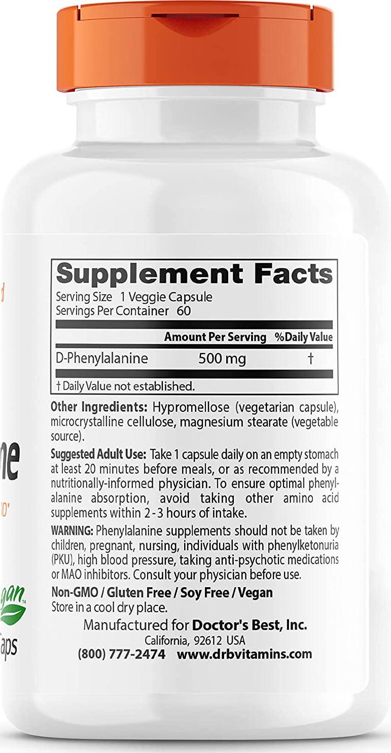 Doctor's Best D-Phenylalanine, Supports Mood, Nervous System, Non-GMO, Vegan, Gluten Free, 500 mg, 60 Veggie Caps