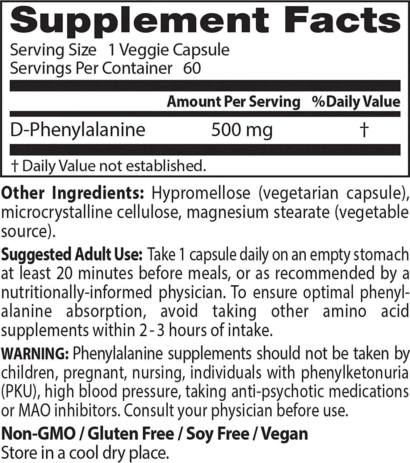 Doctor's Best D-Phenylalanine, Supports Mood, Nervous System, Non-GMO, Vegan, Gluten Free, 500 mg, 60 Veggie Caps