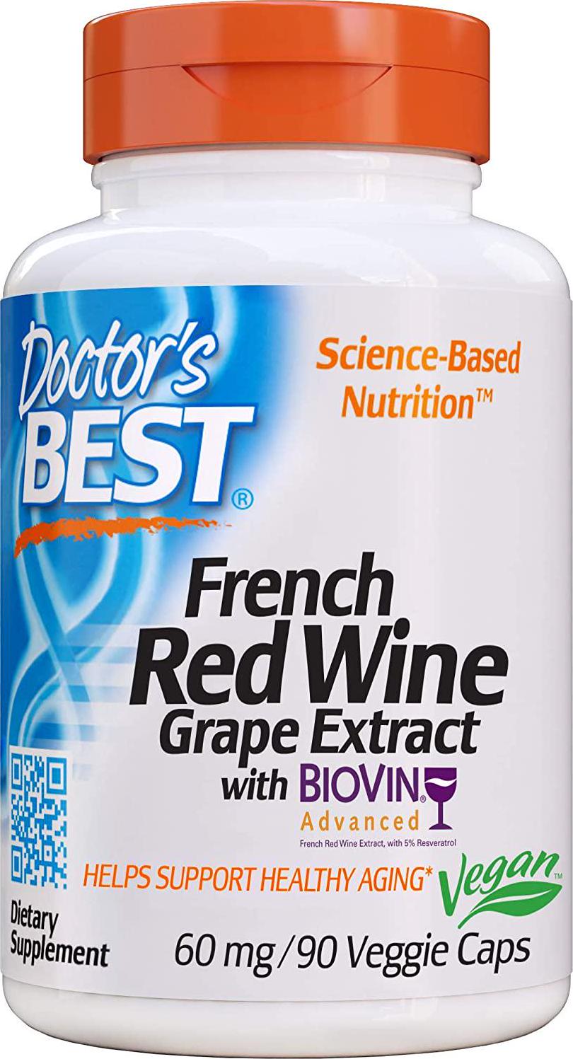 Doctor&#039;s Best French Red Wine Grape Extract, Non-GMO, Vegan, Gluten and Soy Free, (DRB-00058), 90 Count