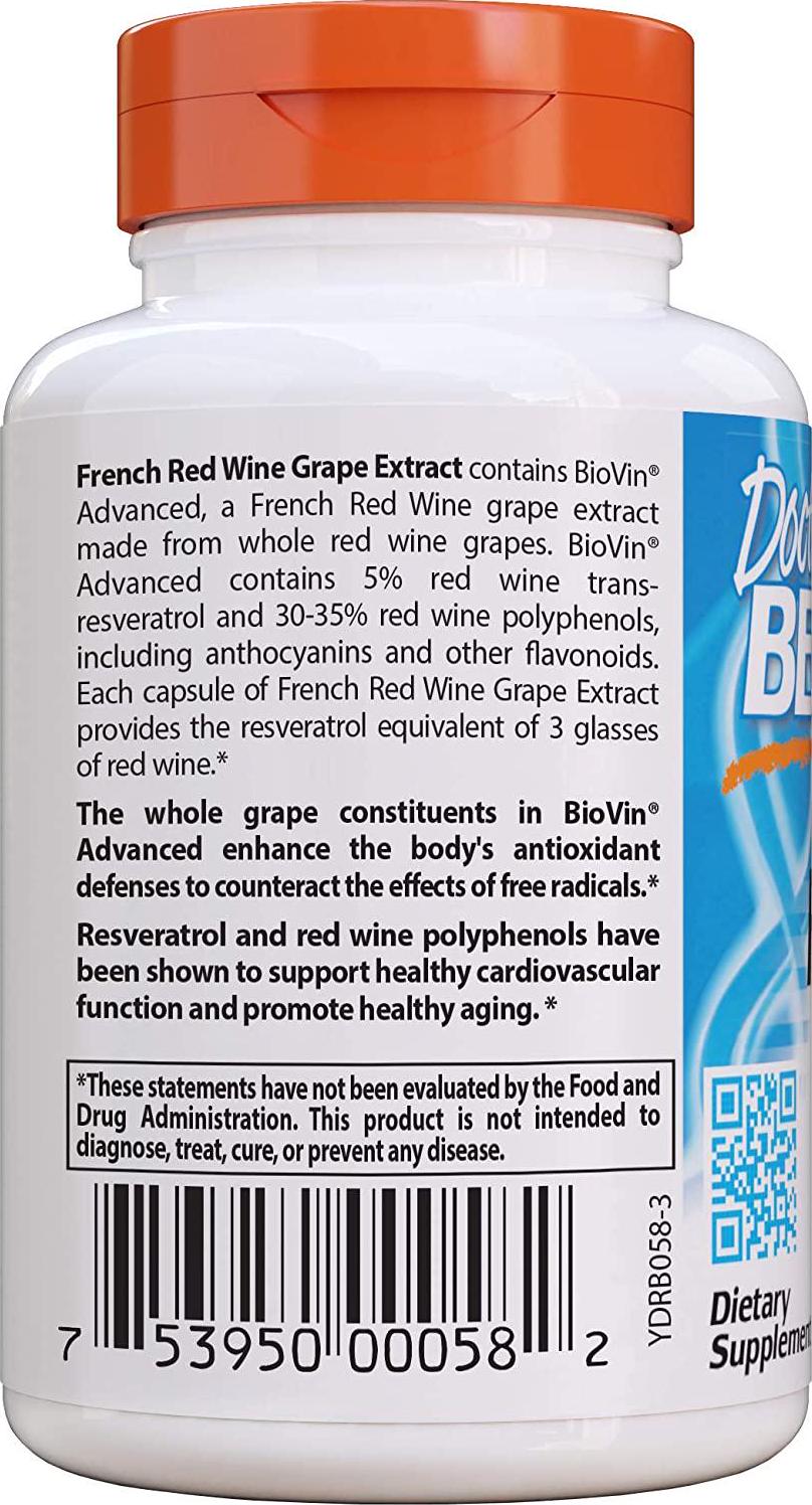 Doctor&#039;s Best French Red Wine Grape Extract, Non-GMO, Vegan, Gluten and Soy Free, (DRB-00058), 90 Count