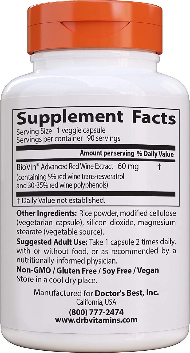 Doctor&#039;s Best French Red Wine Grape Extract, Non-GMO, Vegan, Gluten and Soy Free, (DRB-00058), 90 Count