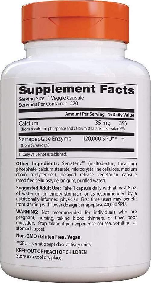 Doctor&#039;s Best High Potency Serrapeptase, Non-GMO, Gluten Free, Vegan, Supports Healthy Sinuses, 120, 000 SPU, 270 Veggie Caps