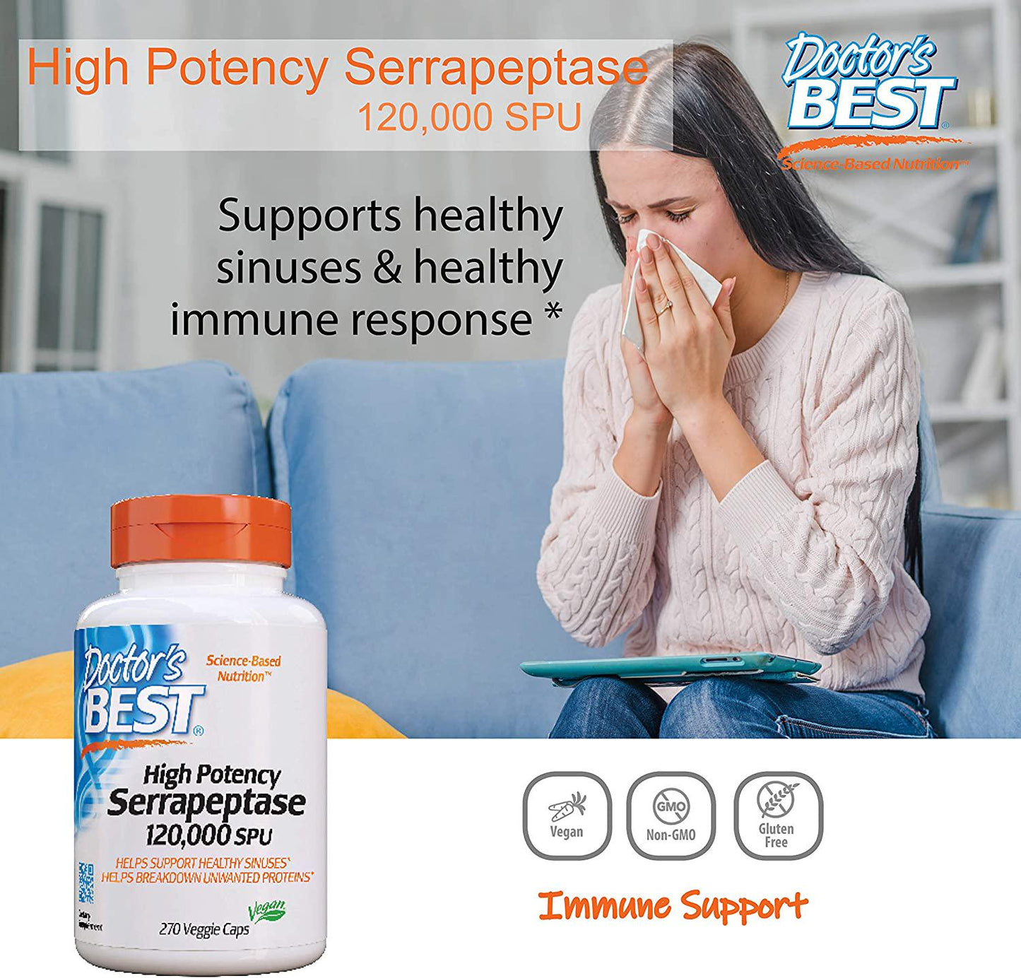 Doctor&#039;s Best High Potency Serrapeptase, Non-GMO, Gluten Free, Vegan, Supports Healthy Sinuses, 120, 000 SPU, 270 Veggie Caps