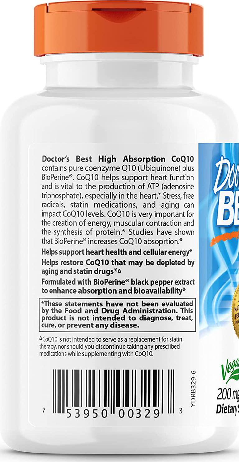 Doctor's Best High Absorption CoQ10 with BioPerine, Non-GMO, Gluten Free, Naturally Fermented, Vegan, Soy Free, Heart Health and Energy Production, 200 mg, 180 Veggie Caps