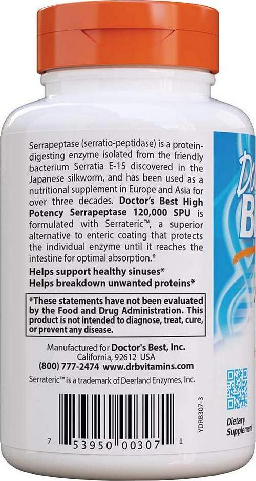 Doctor&#039;s Best High Potency Serrapeptase, Non-GMO, Gluten Free, Vegan, Supports Healthy Sinuses, 120, 000 SPU, 270 Veggie Caps