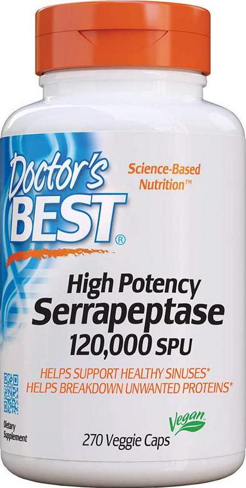 Doctor&#039;s Best High Potency Serrapeptase, Non-GMO, Gluten Free, Vegan, Supports Healthy Sinuses, 120, 000 SPU, 270 Veggie Caps