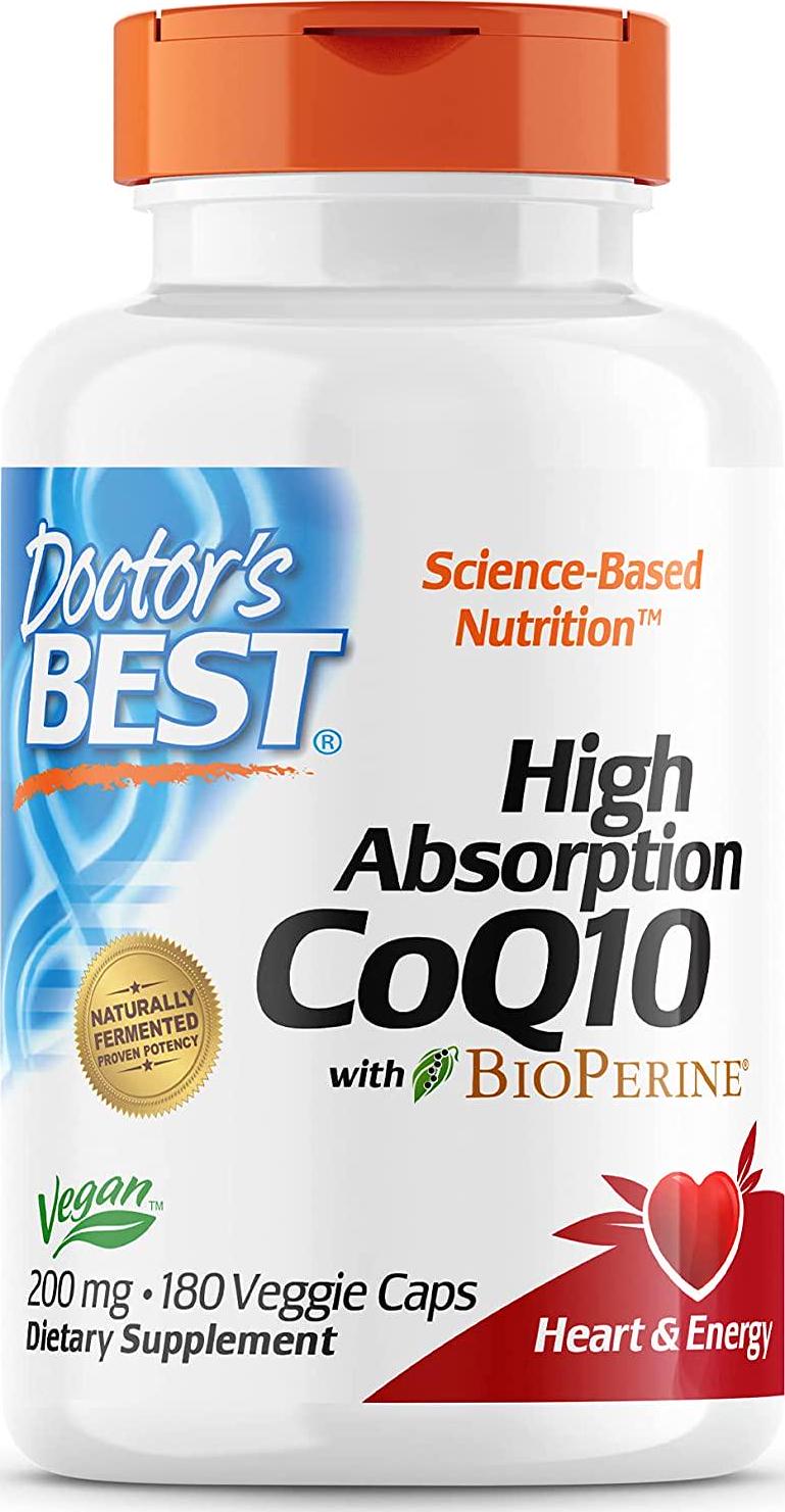 Doctor's Best High Absorption CoQ10 with BioPerine, Non-GMO, Gluten Free, Naturally Fermented, Vegan, Soy Free, Heart Health and Energy Production, 200 mg, 180 Veggie Caps