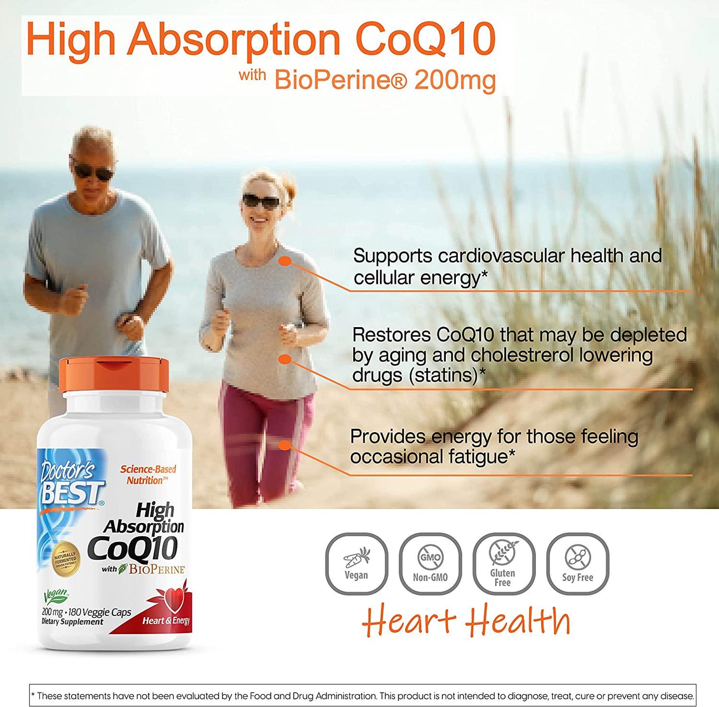 Doctor's Best High Absorption CoQ10 with BioPerine, Non-GMO, Gluten Free, Naturally Fermented, Vegan, Soy Free, Heart Health and Energy Production, 200 mg, 180 Veggie Caps