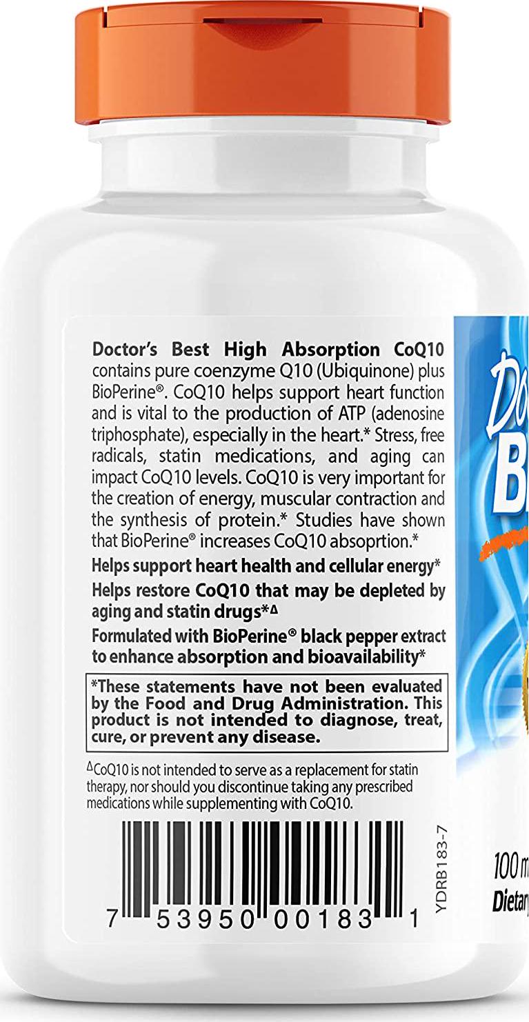 Doctor's Best High Absorption CoQ10 with BioPerine, Gluten Free, Naturally Fermented, Heart Health, Energy Production, 100 mg, 120 Count