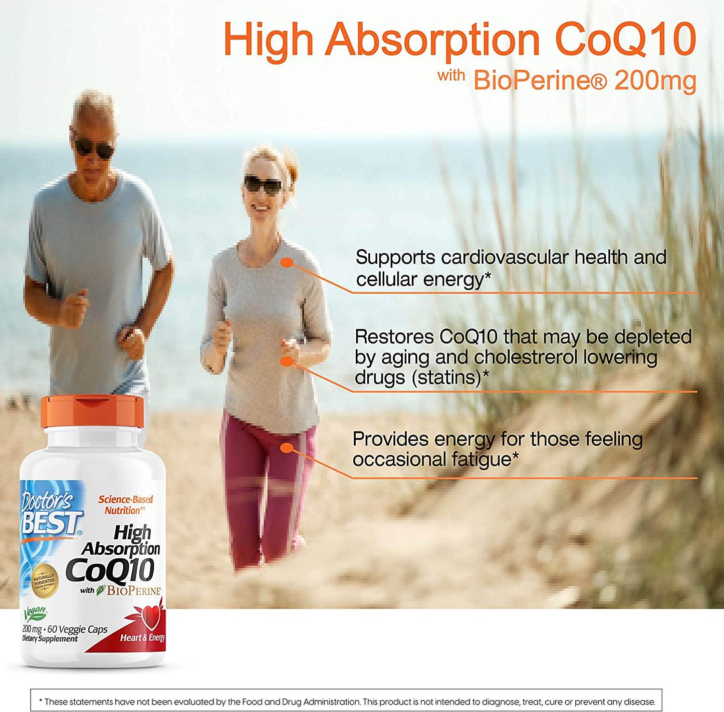 Doctor's Best High Absorption CoQ10 with BioPerine Gluten Free Naturally Fermented Vegan, Heart Health and Energy Production 200 mg 60 Veggie Caps, White