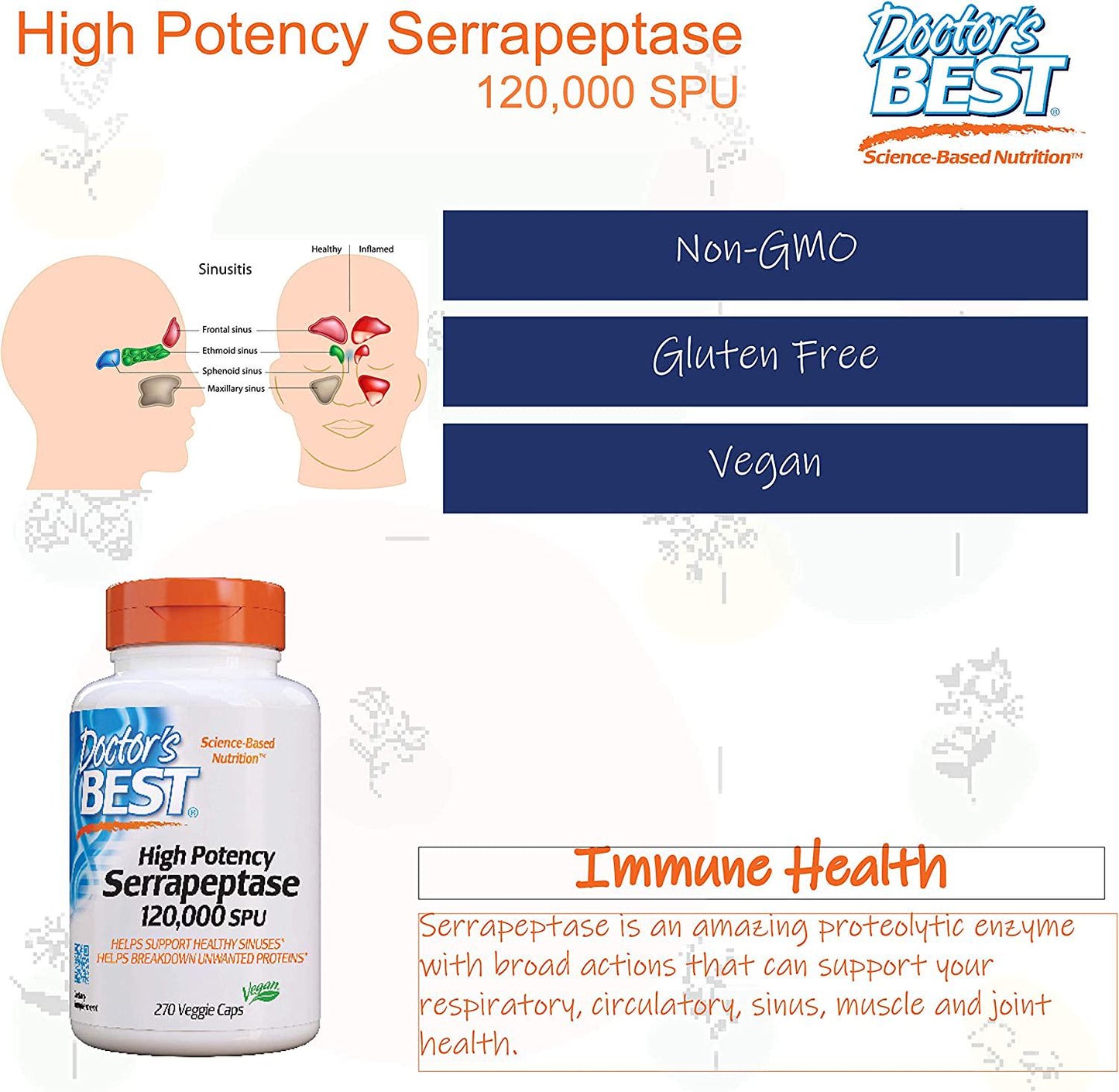 Doctor&#039;s Best High Potency Serrapeptase, Non-GMO, Gluten Free, Vegan, Supports Healthy Sinuses, 120, 000 SPU, 270 Veggie Caps