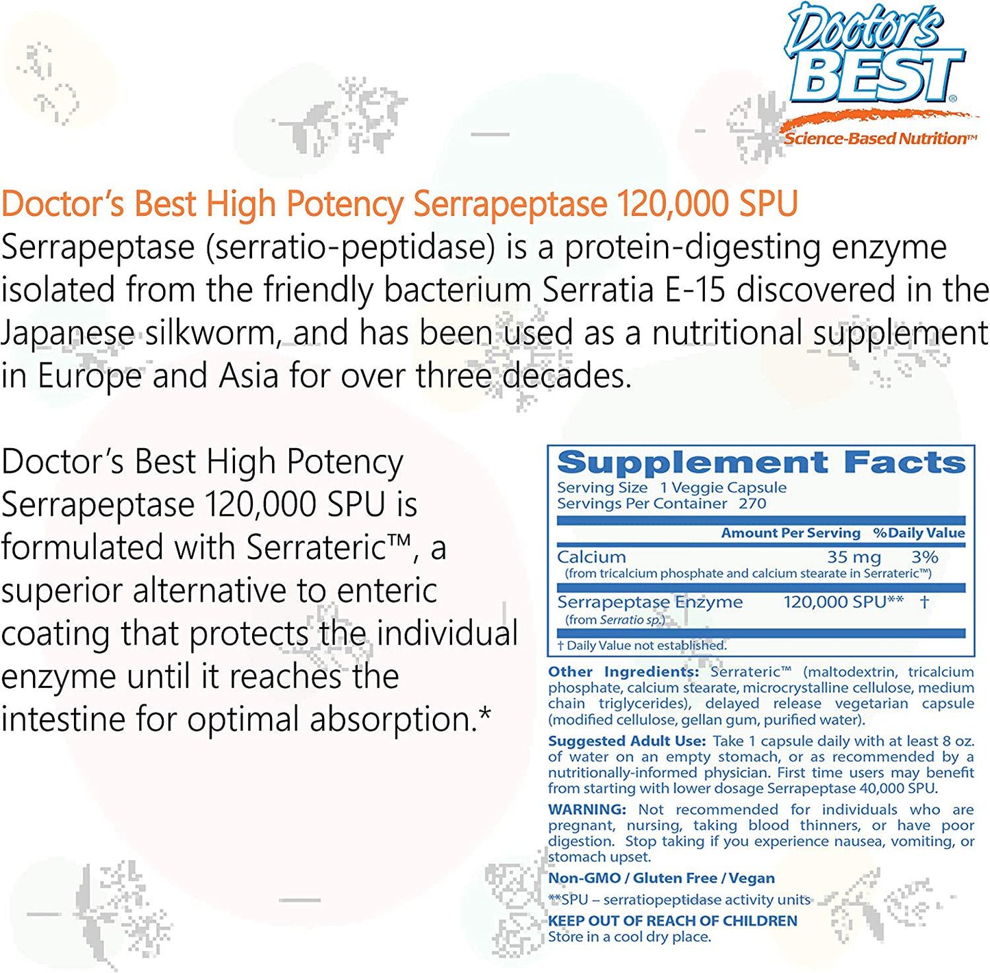 Doctor&#039;s Best High Potency Serrapeptase, Non-GMO, Gluten Free, Vegan, Supports Healthy Sinuses, 120, 000 SPU, 270 Veggie Caps