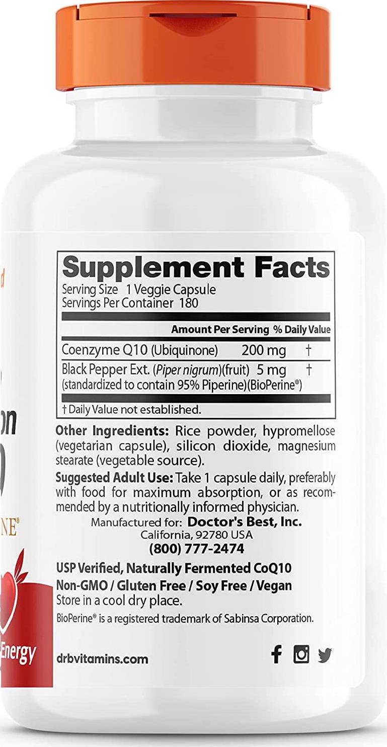 Doctor's Best High Absorption CoQ10 with BioPerine, Non-GMO, Gluten Free, Naturally Fermented, Vegan, Soy Free, Heart Health and Energy Production, 200 mg, 180 Veggie Caps