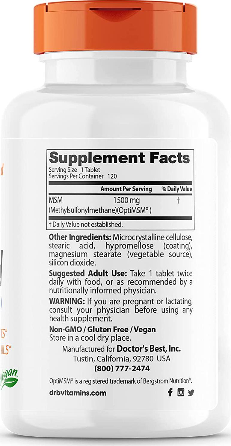 Doctor&#039;s Best MSM with OptiMSM, Non-GMO, Gluten Free, Joint Support, 1500 mg, 120 Tablets (DRB-00097)
